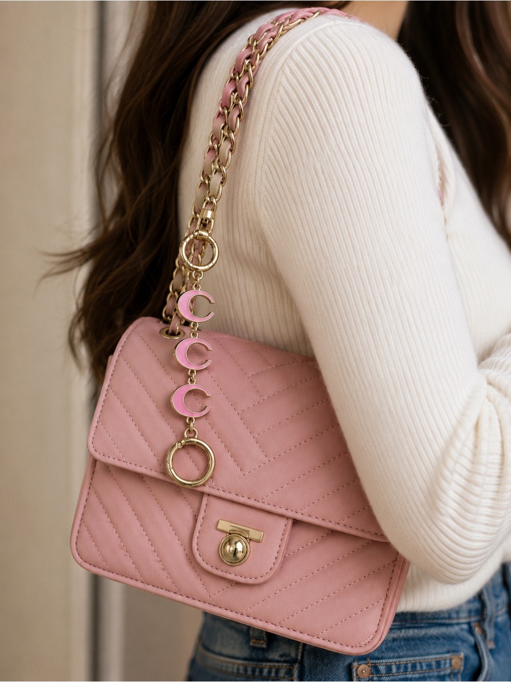 Gold-Tone with Pink Crescent key chain/ bag extender/ bag charm